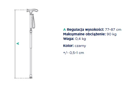 Timago laska inwalidzka aluminiowa z uchwytem anatomicznym FS 948L. Regulacja wysokośći 77-87 cm. maksymalne obciążenie 90 kg, waga 0,4 kg. Kolor czarny.